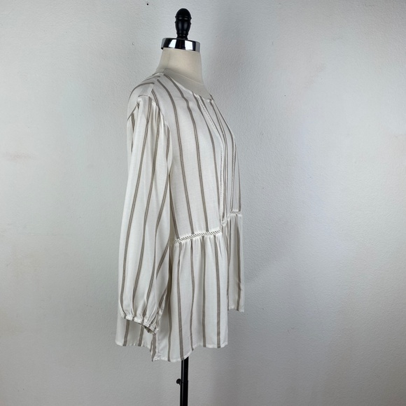 FEVER Womans Tunic Blouse Large Tan Ivory Striped Relaxed Peasant Boho Gypsy NWT - Picture 8 of 9